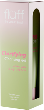 Fluff Clarifying Cleansing gel z glinką i kwasem glikolowym, w różowo-zielonym pudełku z okienkiem.
