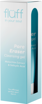 Opakowanie Fluff Pore Eraser Cleansing gel z malachitem i kwasem salicylowym, widok z przodu.