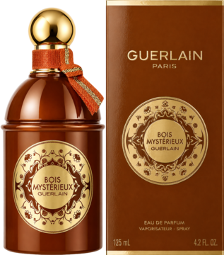 Guerlain Bois Mysterieux, brązowa orientalno-drzewna woda perfumowana 125ml z złotą nakrętką, obok pudełko.