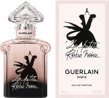Guerlain La Petite Robe Noire, flakon z różowym płynem i grafiką sukienki obok pudrowego pudełka.