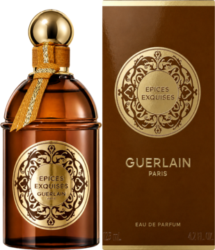 Guerlain Epices Exquises, orientalna woda perfumowana. Bursztynowa butelka, złoty korek i brązowe pudełko z etykietami.
