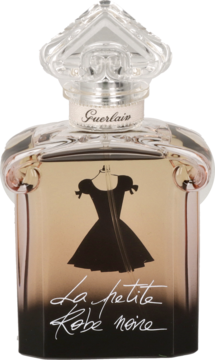 Perfuma Guerlain La Petite Robe Noire: stylowy flakon z ciemnego szkła z ikoniczną czarną sukienką na froncie.