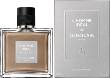 Guerlain L'Homme Ideal Eau de Parfum. Szklana butelka z brązowym płynem i srebrny kartonik, widok z przodu.