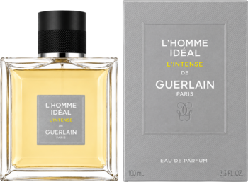 Guerlain L'Homme Ideal L'Intense, bursztynowy flakon EDP obok szarego, teksturowanego pudełka, z przodu.