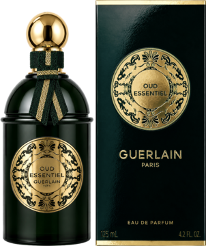 Guerlain Oud Essentiel EDP, elegancki flakon i pudełko w czarno-złotej kolorystyce z orientalnym wzorem.