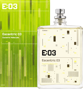 Escentric Molecules Escentric 03 EDT unisex, prostokątna butelka z etykietą i zielone pudełko z cyfrowym wzorem linii.