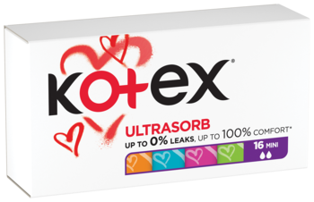Białe pudełko tamponów Kotex Ultrasorb mini, 16 sztuk, z czerwonym logo, widok z przodu pod kątem.