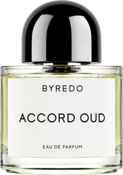 Byredo Accord Oud woda perfumowana unisex, szklany flakon z białym napisem i czarną, lśniącą nakrętką, widok z przodu.