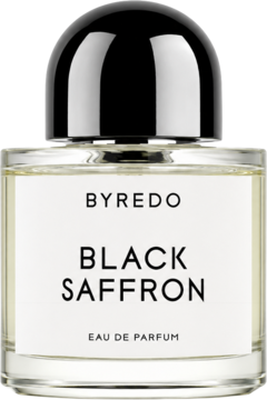 Byredo Black Saffron woda perfumowana uniseks, przezroczysta butelka z białą etykietą i czarną zakrętką, widok z przodu.