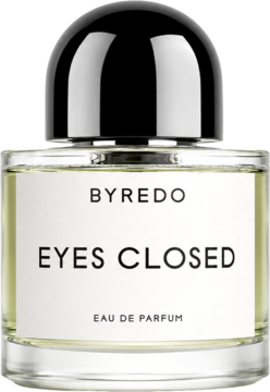 Byredo Eyes Closed, orientalna woda perfumowana unisex. Przezroczysta butelka z czarnym korkiem, biała etykieta, widok z przodu.