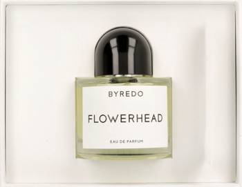 Perfumy Byredo Flowerhead w kwadratowej szklanej butelce z czarną nakrętką, w minimalistycznym białym opakowaniu.