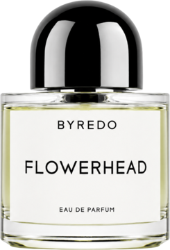 Byredo Flowerhead woda perfumowana. Przezroczysta butelka z czarną nakrętką, biała etykieta. Widok z przodu.