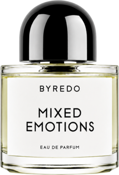 Perfumy Byredo Mixed Emotions unisex, przezroczysta butelka EDP z czarną błyszczącą nakrętką, biała etykieta, widok z przodu.
