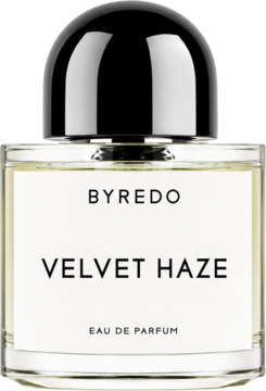 Byredo Velvet Haze woda perfumowana unisex, klarowna butelka z czarnym korkiem, żółty płyn, widok z przodu.