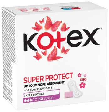 Białe pudełko wkładek Kotex Super Protect na niskie krwawienie, 52 sztuki, widok z przodu.