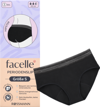 Czarne majtki menstruacyjne Facelle Hipster S, bawełna organiczna, widoczne opakowanie i złożony produkt.