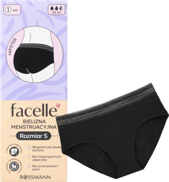 facelle Bielizna Menstruacyjna Hipster Rozmiar S w czarnym kolorze, obok fioletowo-białego pudełka.