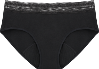 Czarne majtki menstruacyjne facelle Natural L z bawełny organicznej, widok z przodu, elastyczna gumka.
