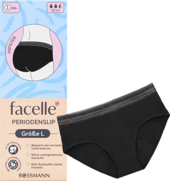 Czarne majtki menstruacyjne Facelle Natural, rozmiar L, złożone, obok opakowanie. Widok z przodu.