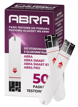 Paski testowe ABRA do pomiaru poziomu glukozy we krwi, w fioletowym pudełku z dwoma paskami, widok z przodu.