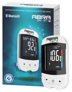 Zestaw z białym glukometrem ABRA SMART III Bluetooth do pomiaru glukozy, widoczny wraz z niebieskim pudełkiem.