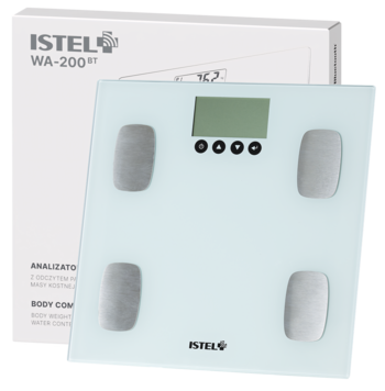 Biała inteligentna waga łazienkowa ISTEL WA-200, szklany panel z czterema srebrnymi elektrodami, na tle pudełka.