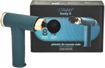 Pistolet do masażu Vitammy Body 5, turkusowy ze złotymi detalami, leży na tle oryginalnego pudełka.