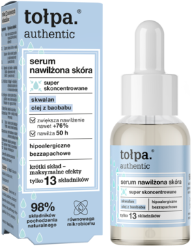 Tołpa Authentic serum nawilżające z baobabu, przezroczysta butelka z pipetą i jasnoniebieskie pudełko.