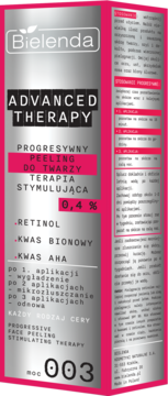 Srebrna butelka Bielenda Advanced Therapy Peeling do twarzy z retinolem i AHA 0,4%, widok z przodu, różowe akcenty.