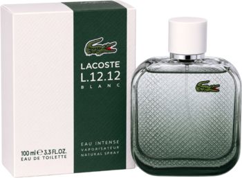 LACOSTE L.12.12 Blanc Eau Intense, męska woda toaletowa 100ml. Szklana butelka i białe pudełko z zielonym logo.