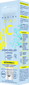 Bielenda Marine Care Hydro-Roller pod oczy z witaminą C w jasnoniebieskim pudełku, widok z przodu.