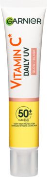 Garnier Vitamin C Daily UV SPF 50+ w tubce, biała z żółtym dołem, napis "Very High Protection", przód.