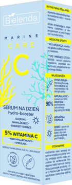 Bielenda Marine Care C Hydro-Booster serum na dzień, niebieskie opakowanie z żółtą literą C i algami, widok z przodu, głęboko nawilżające.