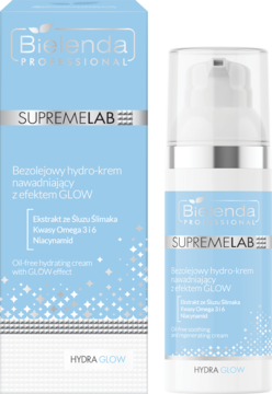 Jasnoniebieski Bielenda Supremelab Hydra Glow, nawadniający krem z efektem glow w pudełku i butelce z pompką.