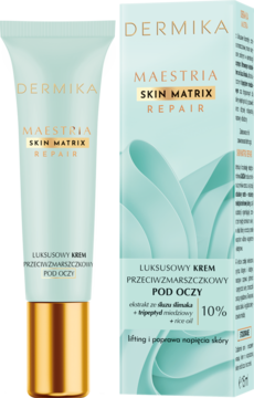 Dermika Maestria Skin Matrix Repair, luksusowy krem przeciwzmarszczkowy pod oczy, tuba z złotym korkiem i pudełko.