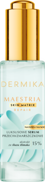 Dermika Maestria Skin Matrix Repair przeciwzmarszczkowe serum ze śluzem ślimaka, turkusowa butelka z złotym korkiem.