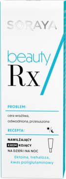 Soraya Beauty Rx krem kojący do cery wrażliwej w białym opakowaniu z niebieskim gradientem, widok frontalny.
