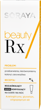 Białe opakowanie kremu Soraya Beauty Rx rozjaśniającego do twarzy na dzień i noc, z pomarańczowym bokiem.