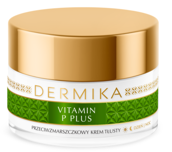 Dermika Vitamin P Plus, przeciwzmarszczkowy krem tłusty, w białym, okrągłym słoiku ze złotą nakrętką, widok przód.