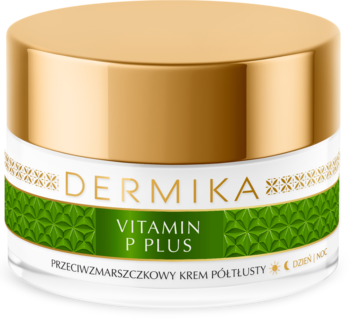 Dermika Vitamin P Plus przeciwzmarszczkowy krem do cery naczynkowej, w białym słoiku ze złotą nakrętką, z przodu.