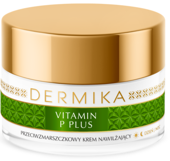 Krem Dermika Vitamin P Plus przeciwzmarszczkowy w białym słoiku z zieloną etykietą i złotą nakrętką, widok z przodu.