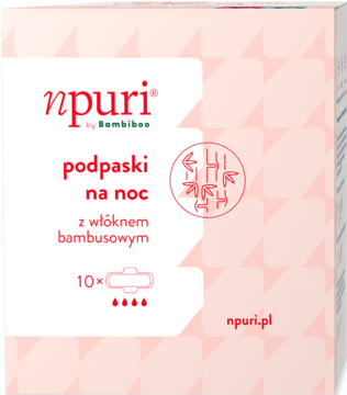 Npuri podpaski na noc z bambusem, białe pudełko z różowym geometrycznym wzorem, widok z przodu.