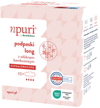 Różowe opakowanie npuri podpaski long bambusowe, hipoalergiczne, widok z przodu i boku z certyfikatami.