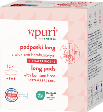 Biało-różowe opakowanie npuri podpaski long z włóknem bambusowym, hipoalergiczne, 10 sztuk, widok z przodu.