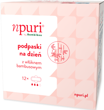 Npuri by Bambiboo, różowo-brzoskwiniowe pudełko podpasek na dzień z bambusem, widok z przodu.