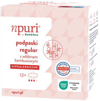 Kartonik npuri podpaski regular z włóknem bambusowym, hipoalergiczne, 12 sztuk, biało-różowy, widok z przodu i z boku.