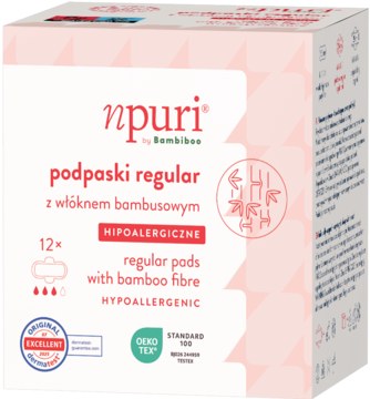 Hipoalergiczne podpaski npuri by Bambiboo regular z włóknem bambusowym, 12 sztuk. Białe pudełko, widok z przodu.