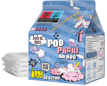 Niebieskie pudełko organicznych podpasek Joni Teens na noc, 30 szt., z jednorożcem i stos białych bio-podpasek.