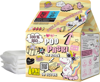 JONI TEENS organiczne, bezzapachowe podpaski w żółto-różowym pudełku z jednorożcem, stos białych podpasek obok.