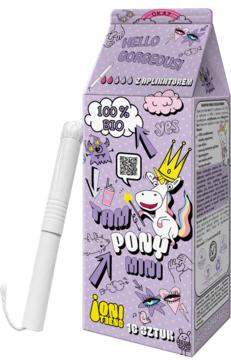Biały tampon JONI TEENS MINI z aplikatorem obok fioletowego opakowania z jednorożcem i napisem "100% BIO".